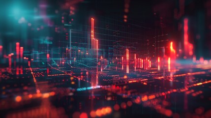 Fototapeta premium Abstract futuristic cityscape with glowing neon lights, data flow and digital grid. Concept of technology, cyberpunk, virtual reality, and the metaverse.