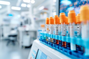 medical laboratory test tubes with blood samples in rack, close up, scientific research and experiment, laboratory equipment, healthcare industry.