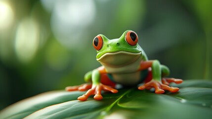 Naklejka premium Green tree frog perched on a leaf in a lush rainforest.