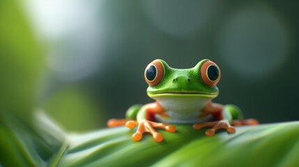 Naklejka premium Green tree frog perched on a leaf in a lush rainforest.