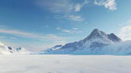 An expansive frozen landscape with majestic snow-covered mountains under a clear blue sky.