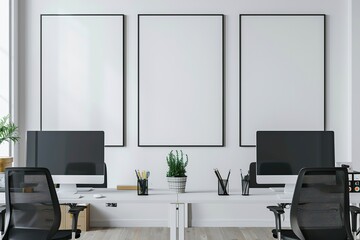White vertical blank poster mockup in modern office interior with desks and computers, panoramic view