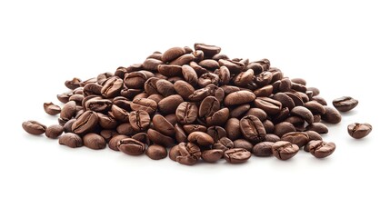 Obraz premium A pile of aromatic coffee beans isolated on a white background, perfect for illustrating fresh coffee and breakfast themes.