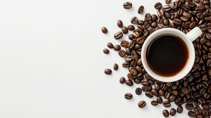 A top view of a coffee cup surrounded by scattered coffee beans on a white background.