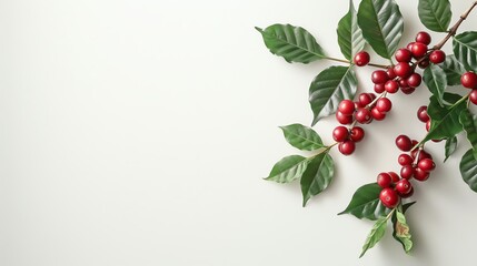 Obraz premium Branch with red berries and green leaves on a white background, ideal for holiday, botanical, and nature-themed designs.