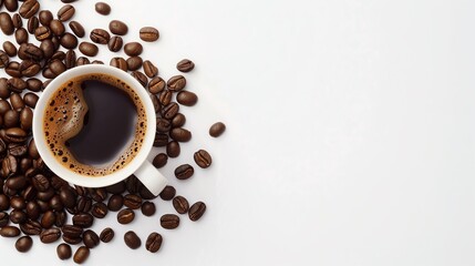 Naklejka premium Cup of hot coffee with fresh roasted coffee beans on white background. Perfect for cafes, restaurants, and coffee shops promotions.