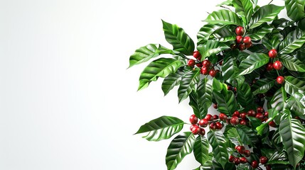 Obraz premium Fresh green leaves and vibrant red berries on a white background, perfect for botanical and nature-themed designs.