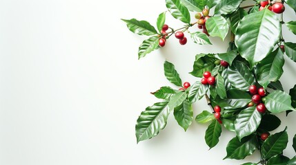 Fresh coffee cherry branches with ripe red berries and green leaves on a white background. Perfect for coffee-related themes and plant interest.