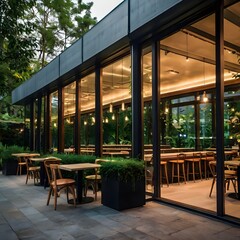 Modern cafe building with large glass windows, evening lighting, Modern architecture.