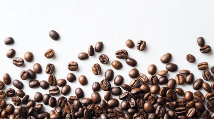 Scattered coffee beans on a white background, ideal for a coffee shop or beverage-related design.