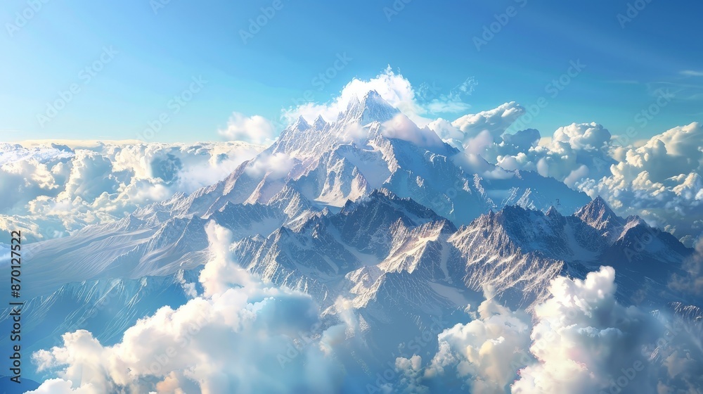 Poster majestic mountains rise towards the sky, their peaks shrouded in clouds, embodying the grandeur and strength of our planet.