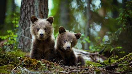 Fototapeta premium Two young brown bear cub in the forest, AI Generative.