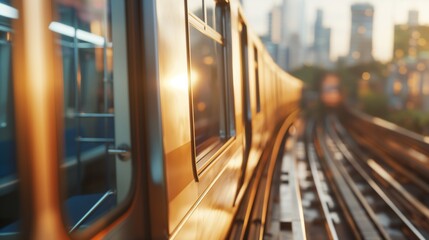 Obraz premium Close up of a subway car window with sunset glare in city.