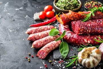 Assortment of Smoked and Fresh Sausages with Herbs and Spices