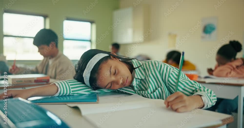 Poster student, desk and girl for tired in classroom, homework or activity with study for sleeping learner.
