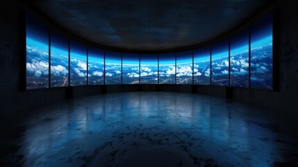 Panoramic View of Cityscape and Sky from Modern Observation Deck with Large Curved Windows