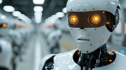 Fototapeta premium Futuristic Robot with Glowing Eyes in a High-Tech Factory Setting Surrounded by Identical Machines