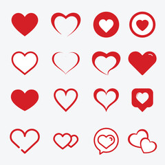 Red heart various shape stamp silhouette flat set. Love valentine romantic relationship wedding sign, etc