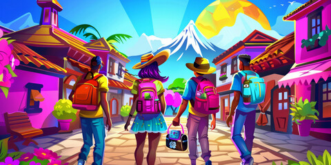 Obraz premium Friends Traveling in Vibrant Village with Backpacks and Colorful Houses