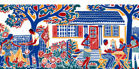 Vibrant Outdoor Gathering with Friends and Family in a Colorful Garden