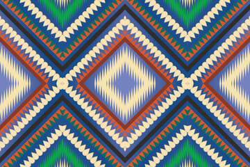 Seamless design pattern, traditional geometric zigzag pattern. Blue orange  white green vector illustration design, abstract fabric pattern, aztec style for textiles