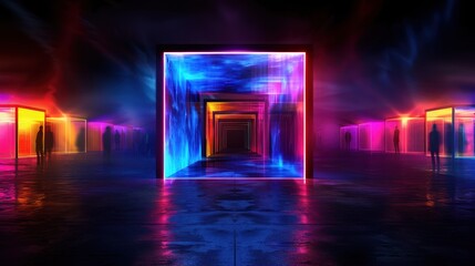 Neon Lit Futuristic Tunnel with Silhouetted Figures and Vibrant Colors in a Modern Digital Art Installation