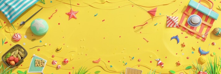 Obraz premium Vibrant 3D Doodle Picnic Scene on Clean Yellow Background for Outdoor Presentations