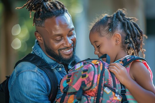 Father and Daughter Bonding Moment, Preparing for School with Backpacks and Smiles - Powered by Adobe
