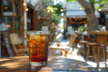 Chilled Iced Coffee in a Sunny Outdoor Cafe with Blurred Background and Bokeh Lights
