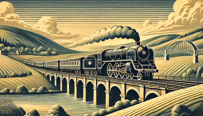 Art Deco Vintage Poster of a Steam Train Crossing a Viaduct