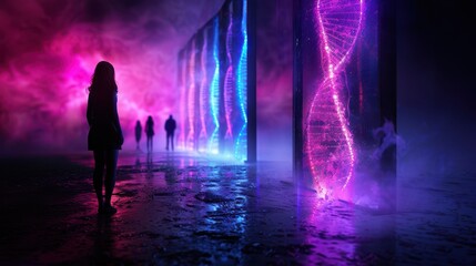 Futuristic Neon DNA Helix Display with Silhouetted Figures in a Misty, Reflective Environment
