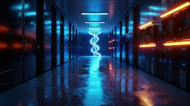 Futuristic Data Center with Glowing DNA Helix Hologram in a High-Tech Corridor