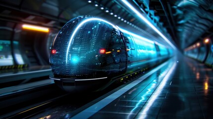 Futuristic High-Speed Train in a Modern Underground Station with Neon Lights and Digital Displays