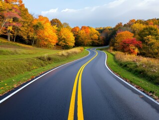 winding road through autumn foliage, scenic country road with colorful trees, fall landscape in america.