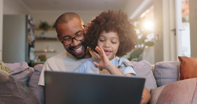 Video call, father and child in lounge, laptop and greeting with wave, smile and happiness for contact. Home, dad and son with computer, communication and talking with joy in living room and couch