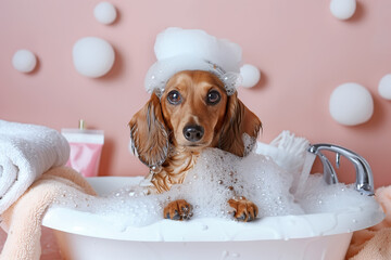 Dachshund dog enjoys a bubble bath at pet spa
