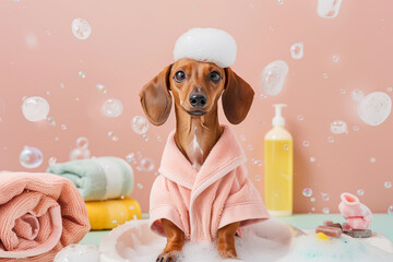 Dachshund dog enjoys a bubble bath at pet spa