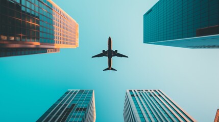 Airplane flying over modern city buildings during daytime.