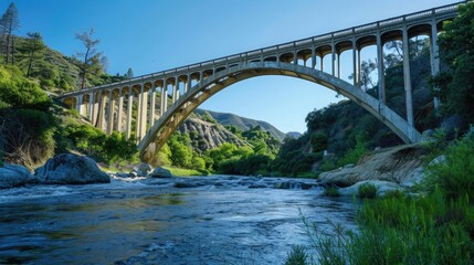 Fototapeta premium A bridge arching over a flowing river, representing connection and overcoming divides.
