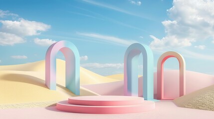 Fototapeta premium 3D Render: Pastel Landscape with Arches and Product Podium in Surreal Style