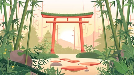 Obraz premium Scenic view of traditional Japanese torii gate amid lush bamboo forest at sunrise, highlighting serene, natural beauty and cultural heritage.