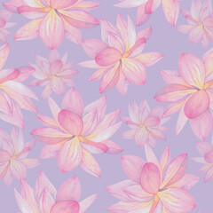 Lotus flowers are pink. Seamless pattern on a lilac background. Hand drawn watercolor illustration. For design, fabrics, textiles, wallpaper, prints, wrapping paper