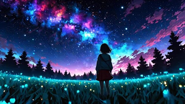 野原に立ち銀河を見上げる少女 星降る夜の幻想映像
