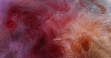 Smoke twist. Sparkling haze background. Vapor ink pink red fog flies mix abstract glitter dust mystical shiny mist particles art flow.