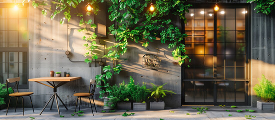 small street cafe coffeeshop covered with plant