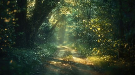 Fototapeta premium A calm forest path illuminated by soft, dappled sunlight, illustrating the journey towards enlightenment.