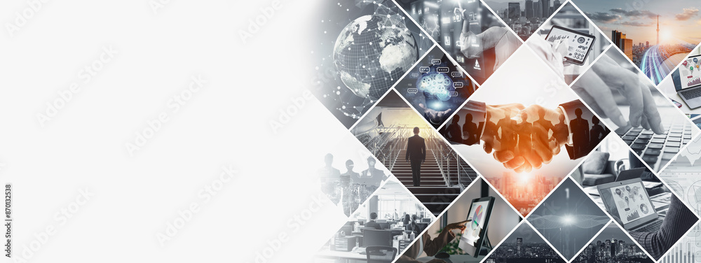 Poster Collage background visual of various business scenes and technology concepts. Management strategy. Digital transformation.