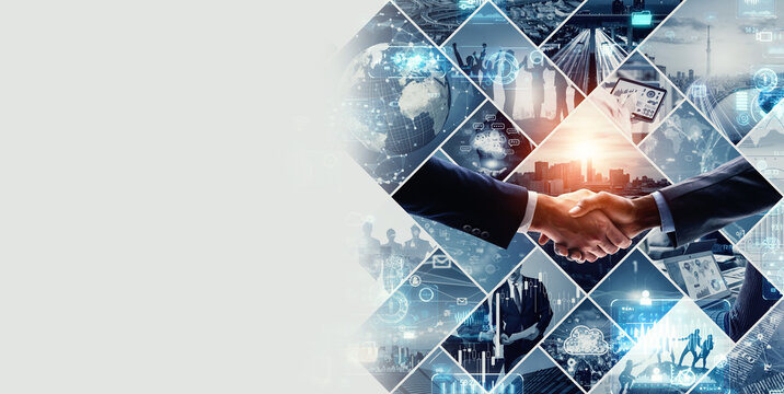 Collage background visual of various business scenes and technology concepts. Management strategy. Digital transformation.