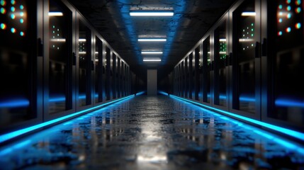 Fototapeta premium Modern Data Center with Server Racks and Blue LED Lighting in a High-Tech Environment