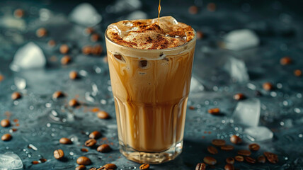 Ice coffee in a tall glass with cream poured over, ice cubes and beans on a dark concrete table.